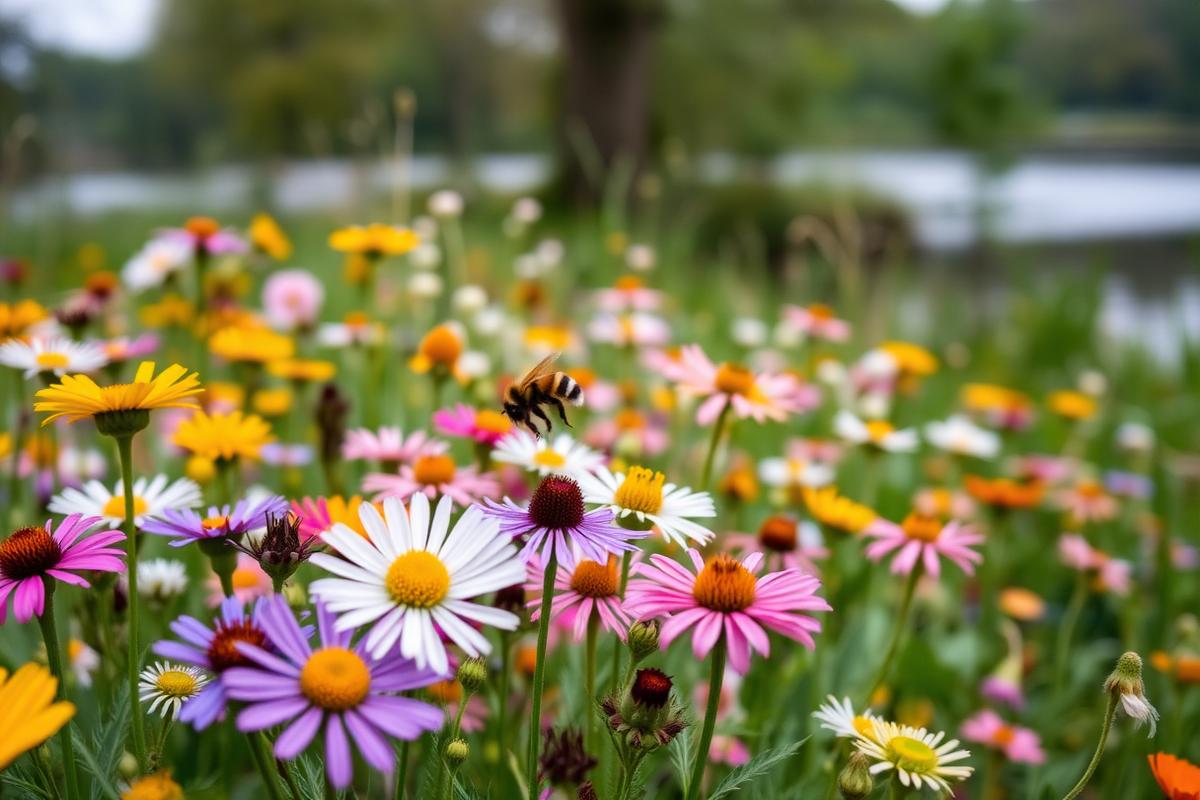 Bloemrijke berm met bij