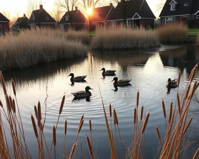 Eenden op de vijver bij zonsondergang